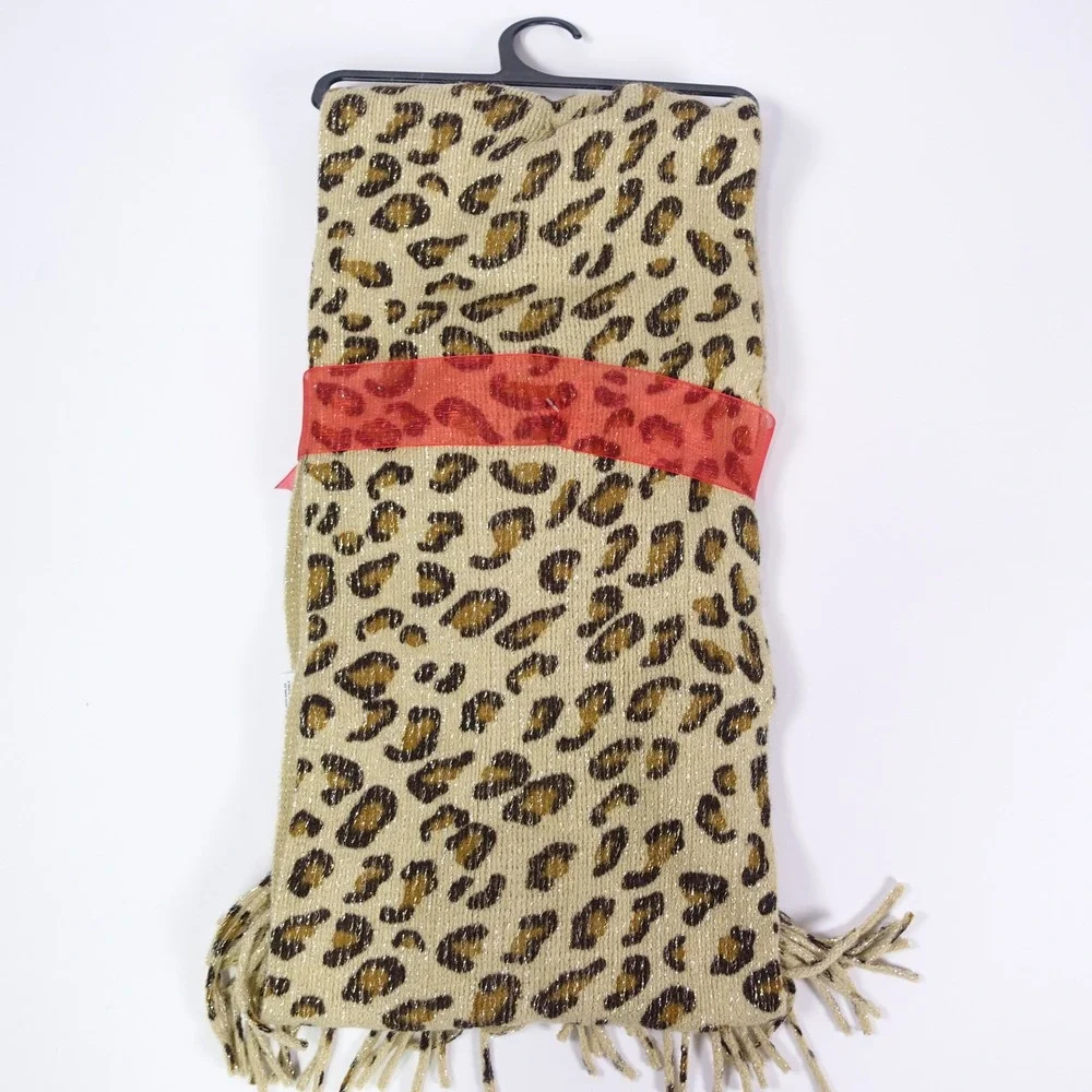 Covington Womens Leopard Print 3 Piece Hat Scarf and Gloves Set Gold Metallic